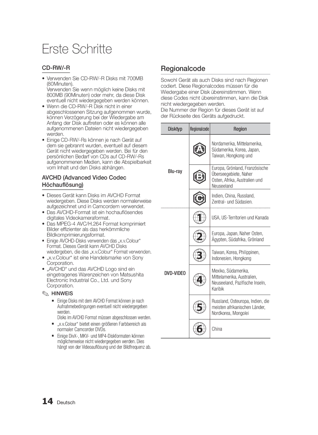 Samsung BD-D8200S/ZG, BD-D8509S/ZG manual Regionalcode, Avchd Advanced Video Codec Höchauflösung 