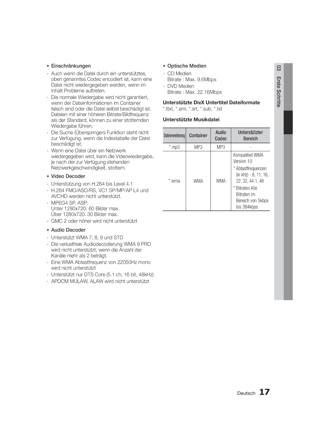 Samsung BD-D8509S/ZG, BD-D8200S/ZG manual MPEG4 SP, ASP, Unterstützte Musikdatei 