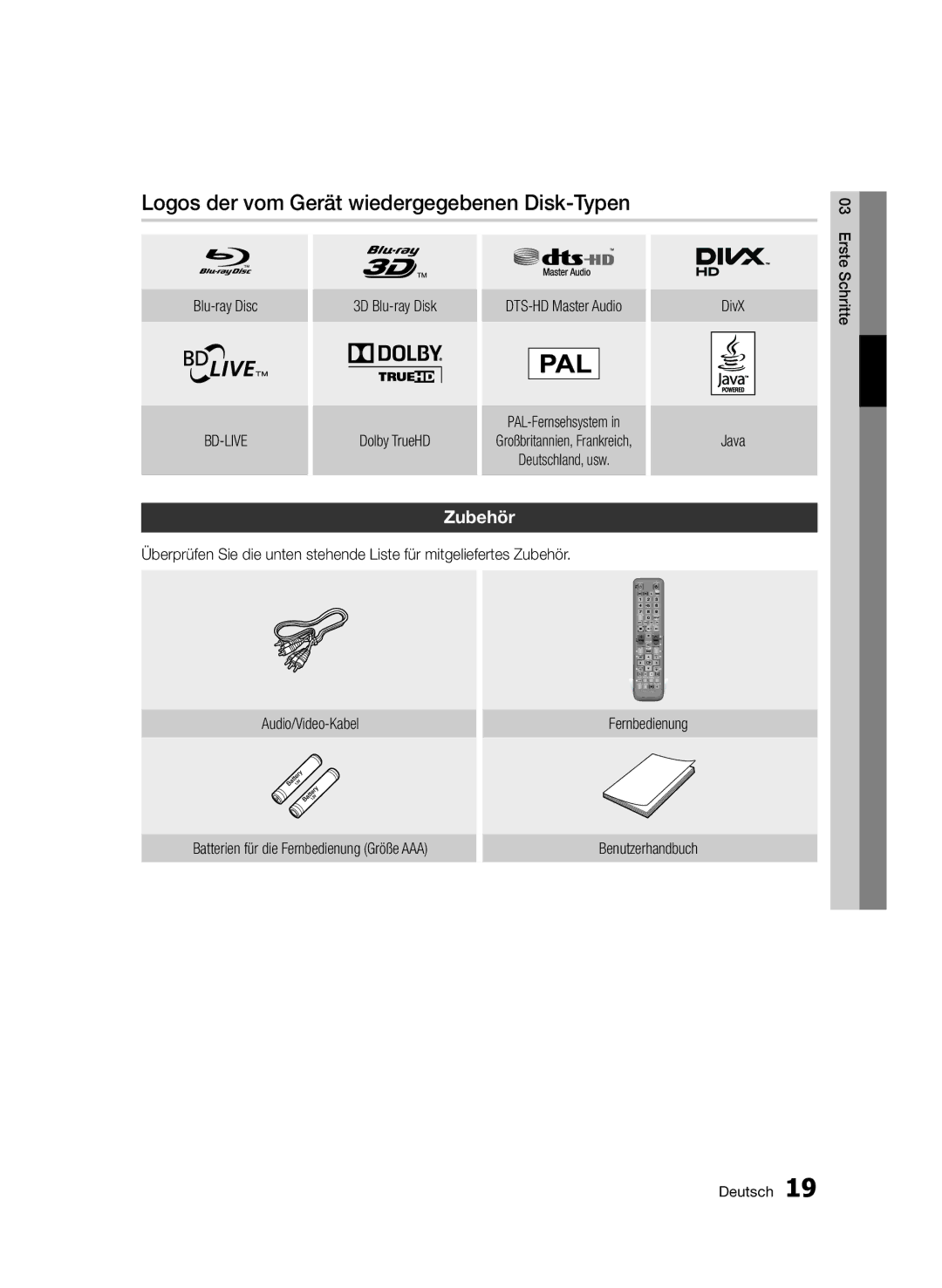 Samsung BD-D8509S/ZG, BD-D8200S/ZG manual Logos der vom Gerät wiedergegebenen Disk-Typen, Zubehör, Blu-ray Disc 