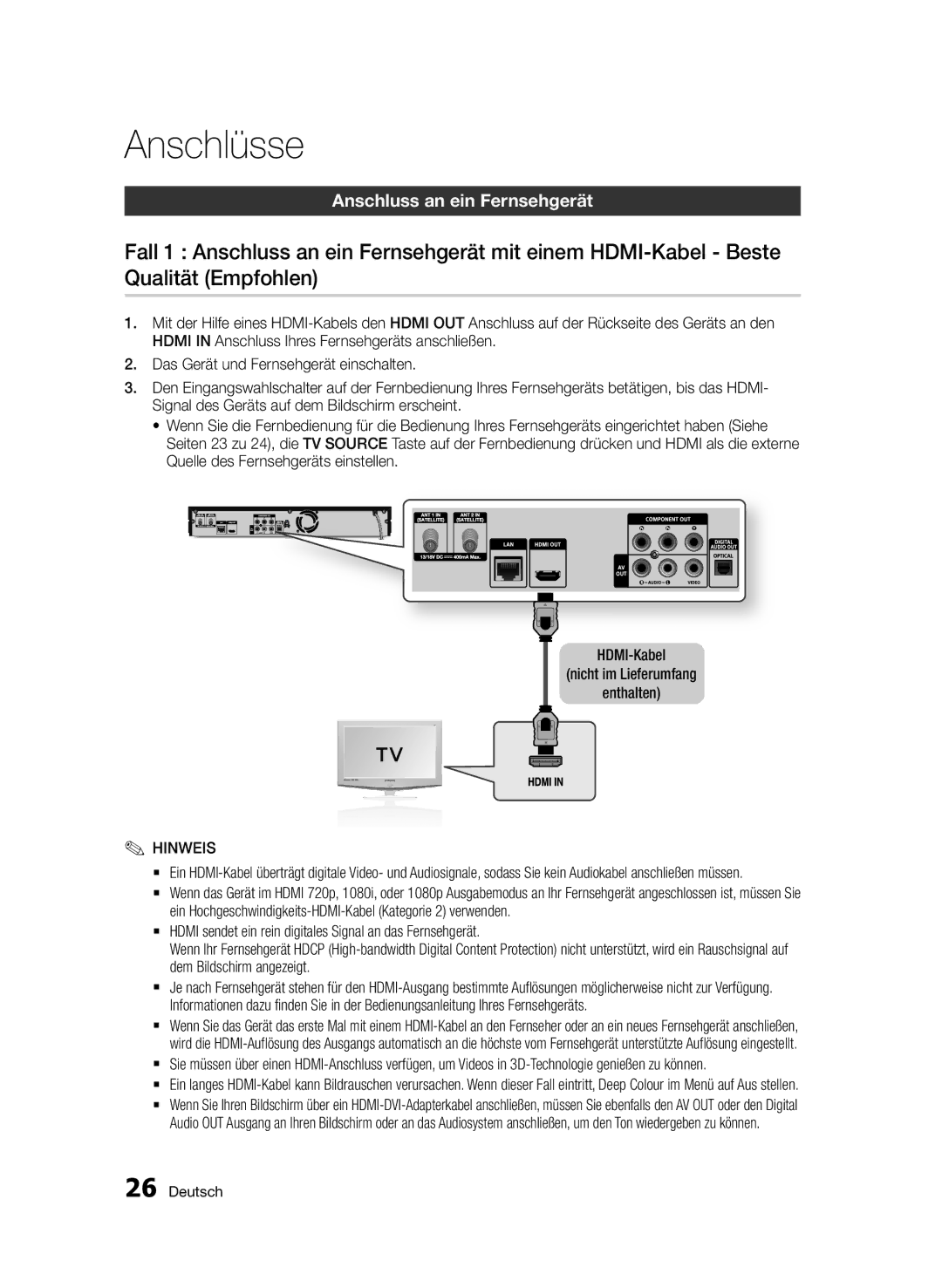 Samsung BD-D8200S/ZG, BD-D8509S/ZG manual Anschluss an ein Fernsehgerät 