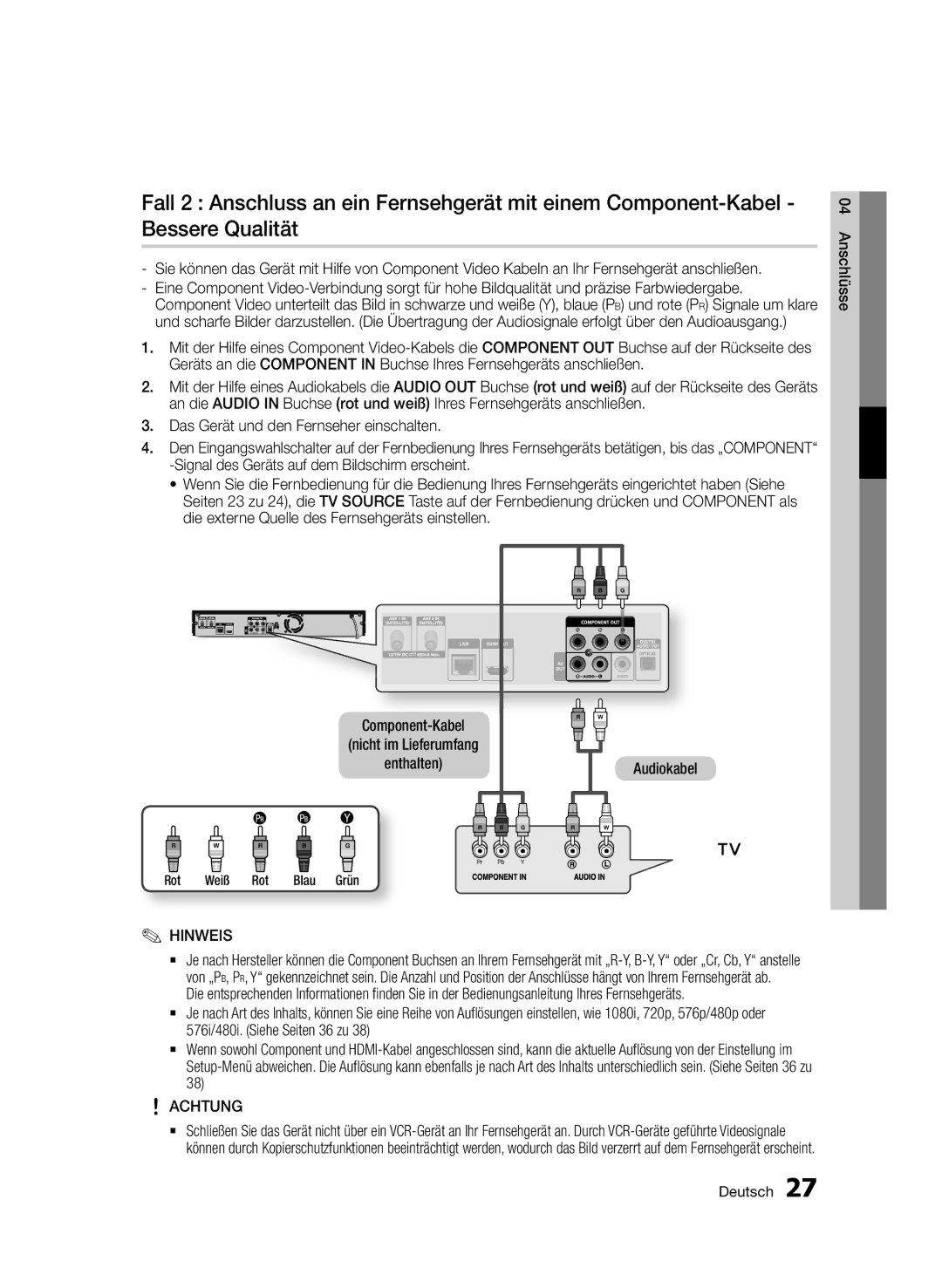 Samsung BD-D8509S/ZG, BD-D8200S/ZG manual Component-Kabel Nicht im Lieferumfang Enthalten Audiokabel, Rot Weiß Rot Blau Grün 