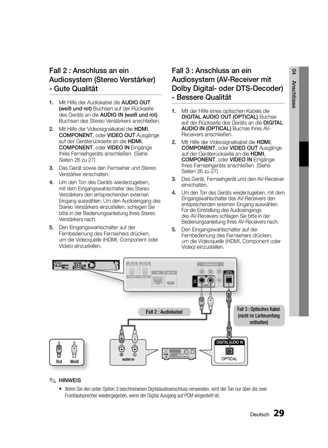 Samsung BD-D8509S/ZG, BD-D8200S/ZG manual Fall 2 Audiokabel, Rot Weiß 