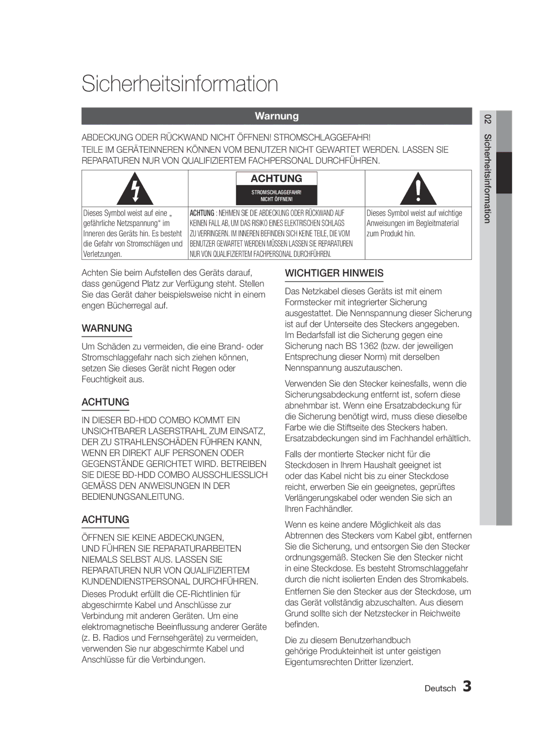 Samsung BD-D8509S/ZG manual Sicherheitsinformation, Warnung, Abdeckung Oder Rückwand Nicht ÖFFNEN! Stromschlaggefahr 