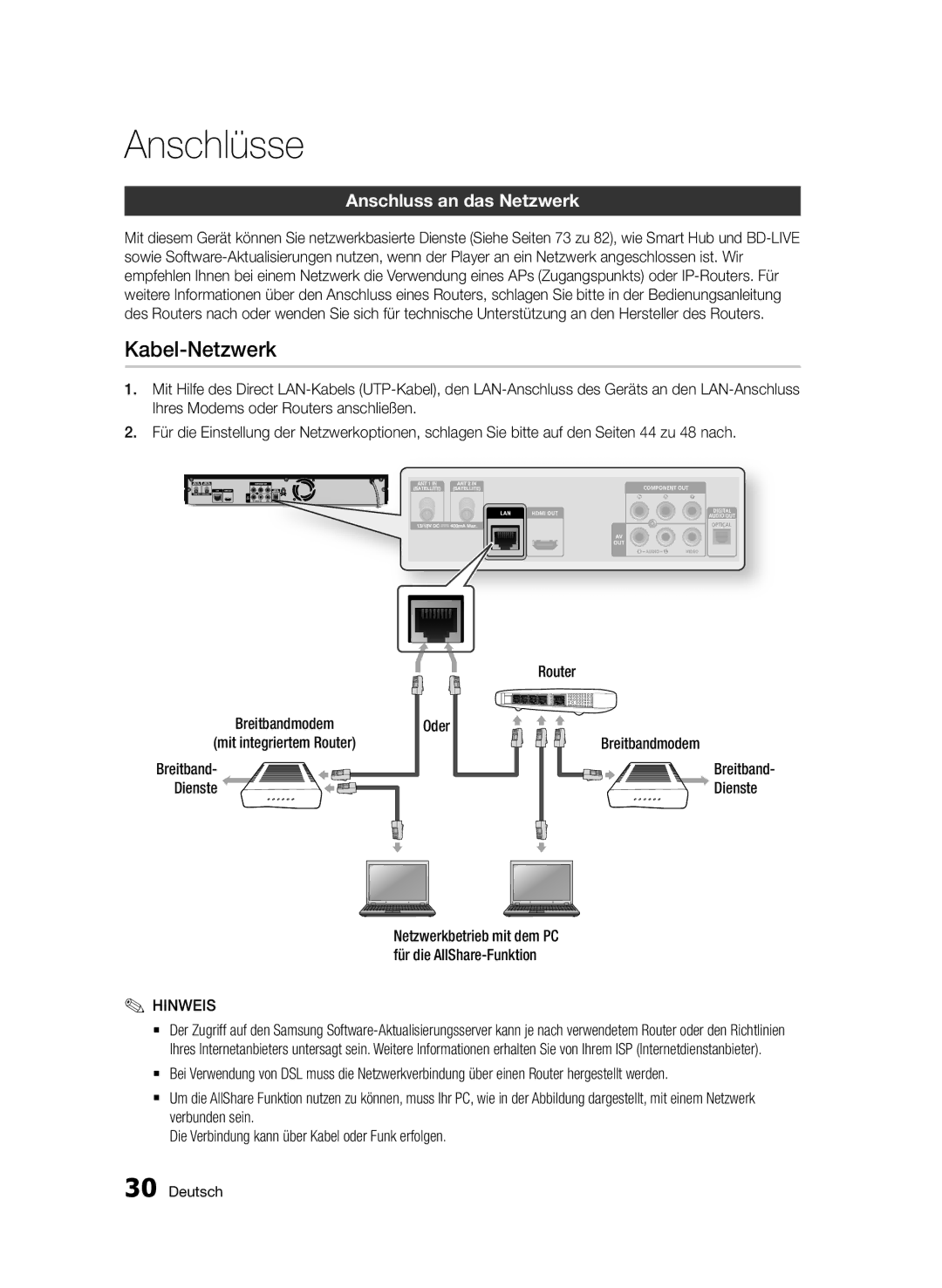 Samsung BD-D8200S/ZG, BD-D8509S/ZG manual Kabel-Netzwerk, Anschluss an das Netzwerk, Dienste 