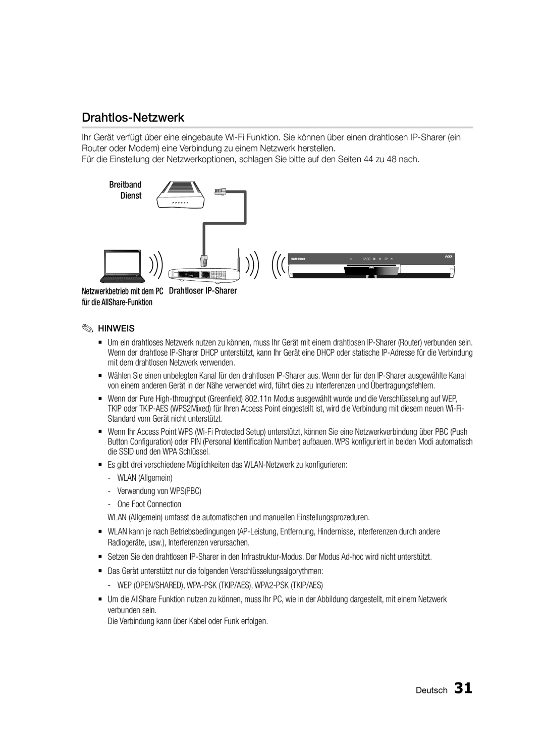 Samsung BD-D8509S/ZG, BD-D8200S/ZG manual Drahtlos-Netzwerk, WEP OPEN/SHARED, WPA-PSK TKIP/AES, WPA2-PSK TKIP/AES 