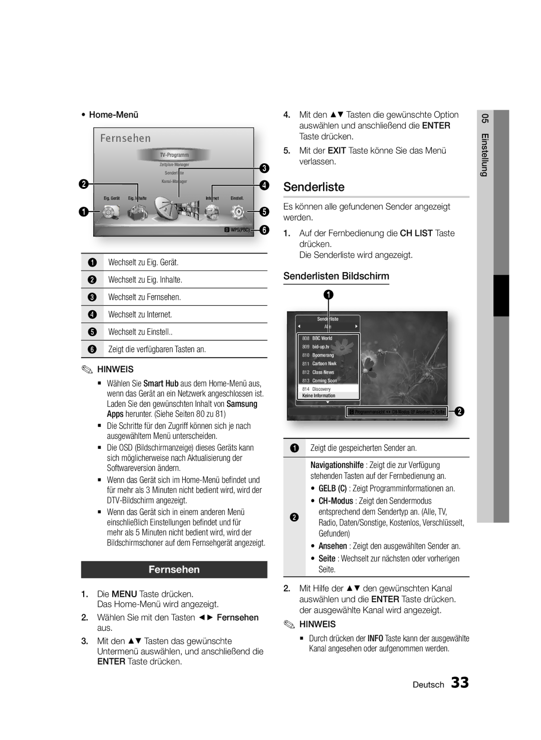 Samsung BD-D8509S/ZG, BD-D8200S/ZG manual Fernsehen, Senderlisten Bildschirm, Home-Menü 