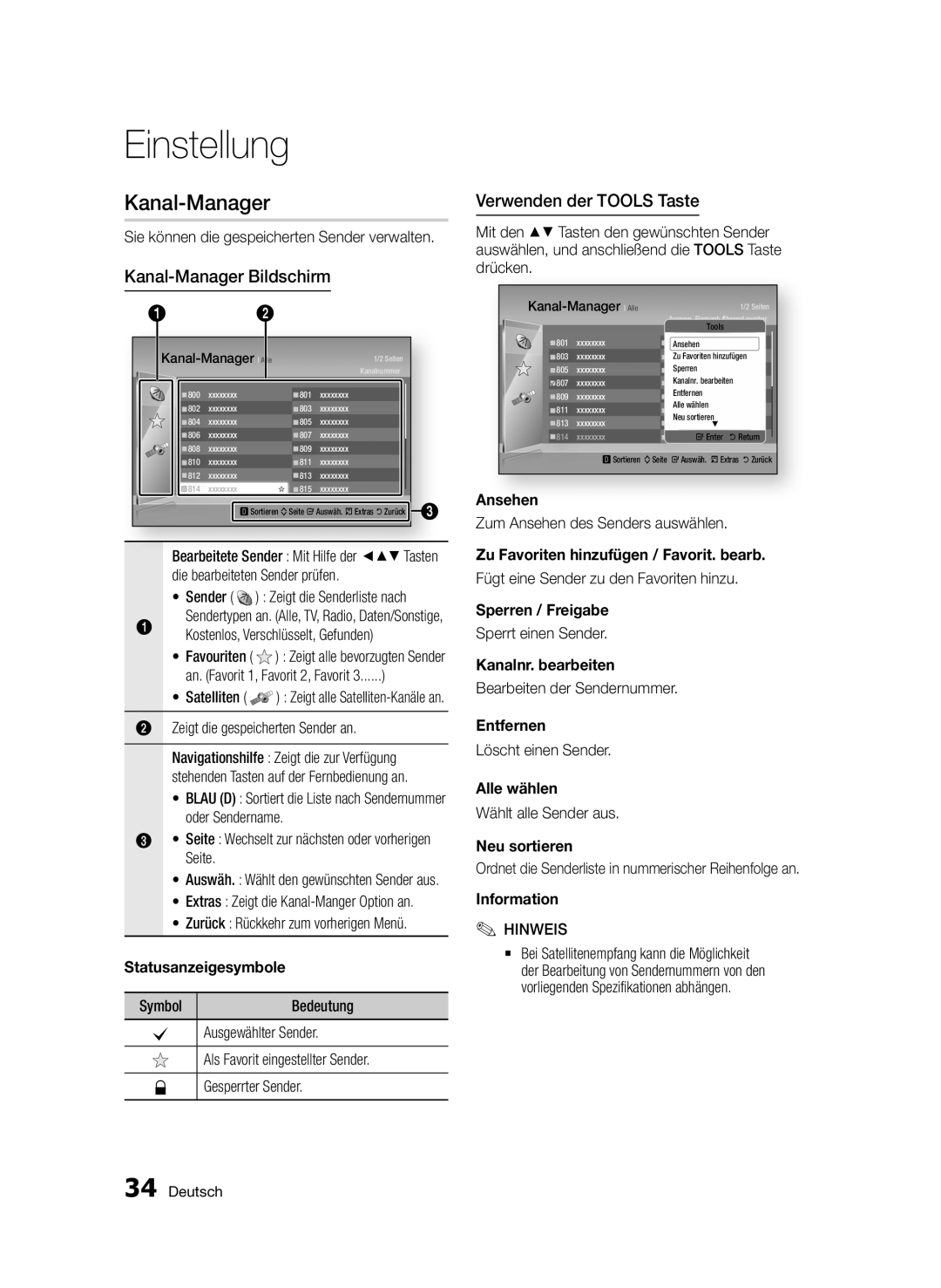 Samsung BD-D8200S/ZG, BD-D8509S/ZG manual Kanal-Manager Bildschirm, Verwenden der Tools Taste 