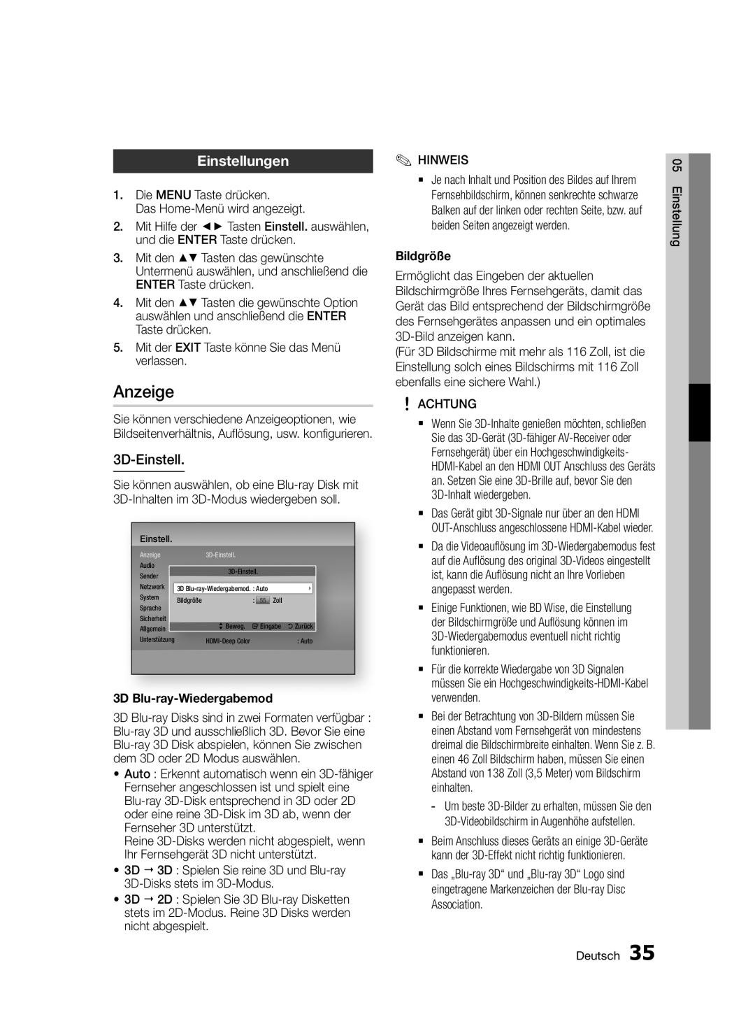 Samsung BD-D8509S/ZG, BD-D8200S/ZG manual Anzeige, Einstellungen, 3D-Einstell, 3D Blu-ray-Wiedergabemod, Bildgröße 