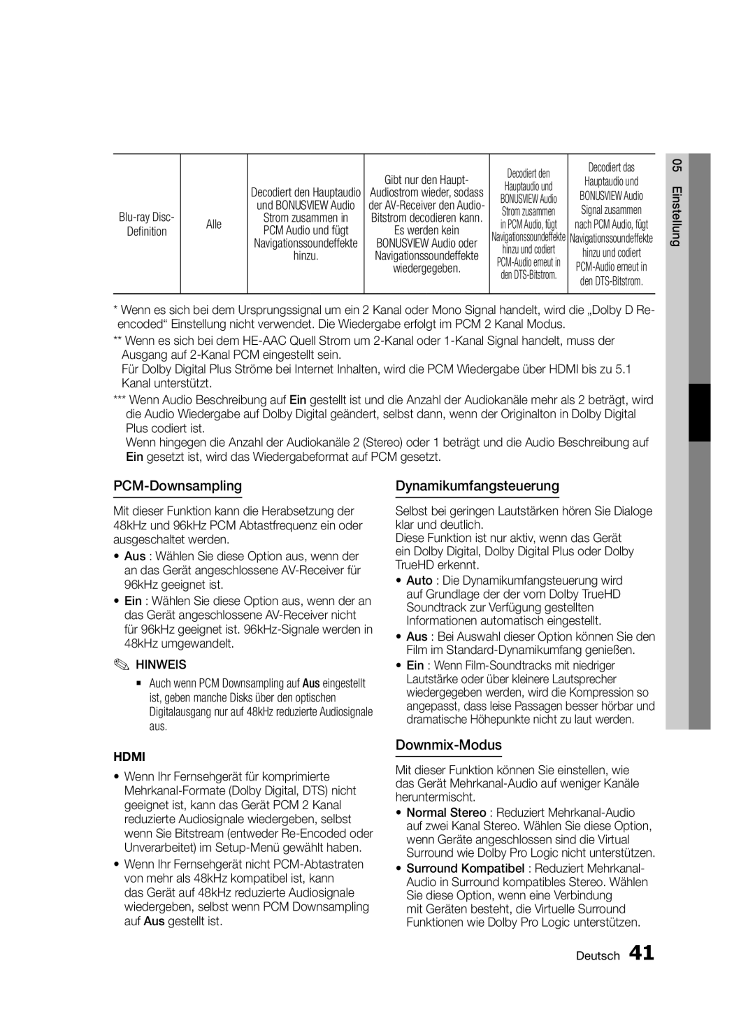 Samsung BD-D8509S/ZG, BD-D8200S/ZG manual PCM-Downsampling, Dynamikumfangsteuerung, Downmix-Modus, Alle, Gibt nur den Haupt 