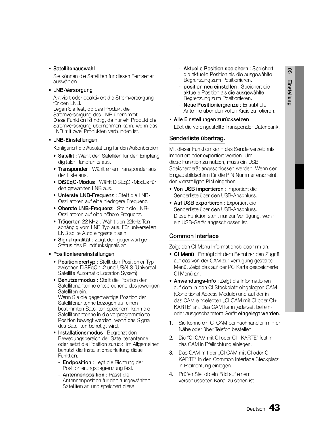 Samsung BD-D8509S/ZG manual Senderliste übertrag, Common Interface, ƒƒ LNB-Einstellungen, ƒƒ Positionierereinstellungen 