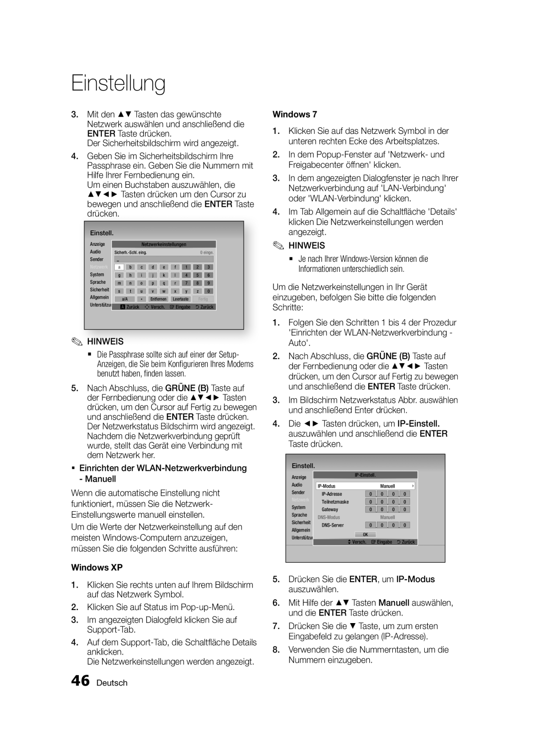 Samsung BD-D8200S/ZG ƒƒ Einrichten der WLAN-Netzwerkverbindung Manuell, Und anschließend Enter drücken, Taste drücken 