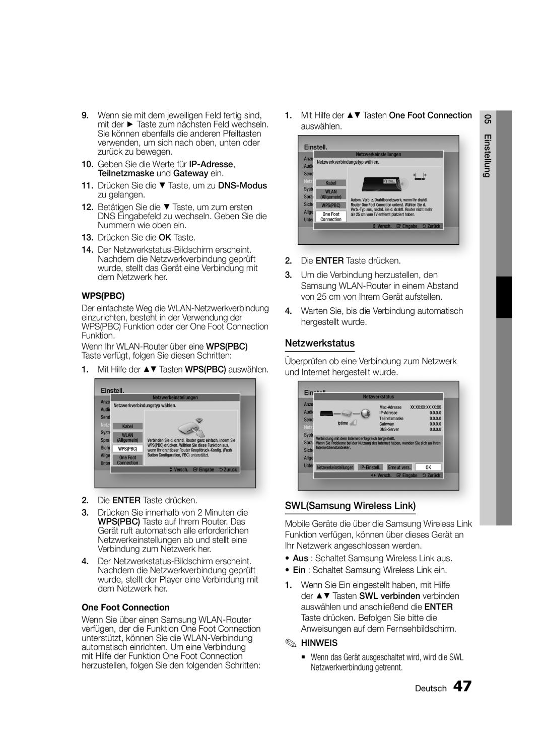 Samsung BD-D8509S/ZG, BD-D8200S/ZG manual Netzwerkstatus, SWLSamsung Wireless Link, One Foot Connection 