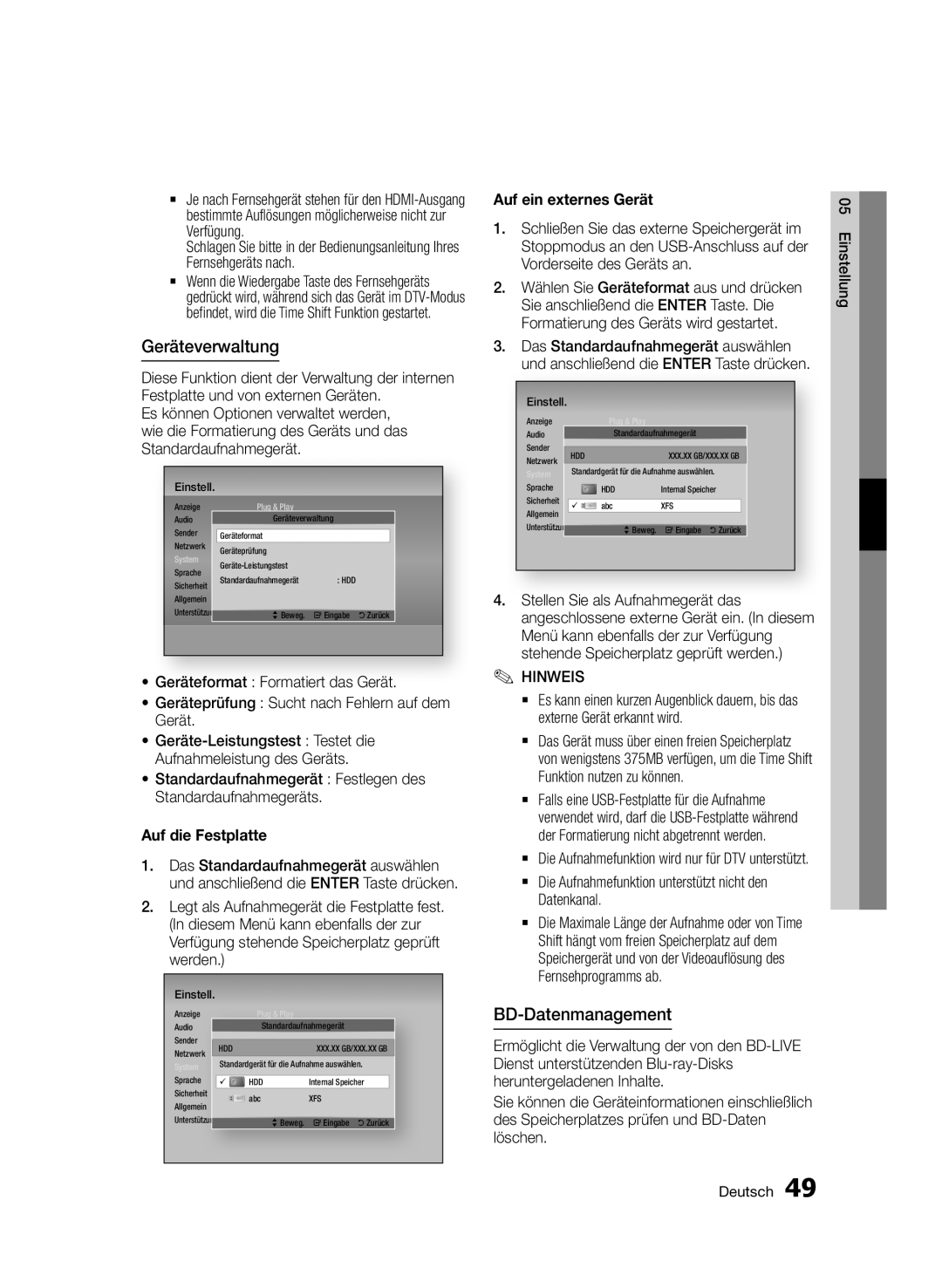 Samsung BD-D8509S/ZG, BD-D8200S/ZG manual Geräteverwaltung, BD-Datenmanagement, Auf die Festplatte, Auf ein externes Gerät 