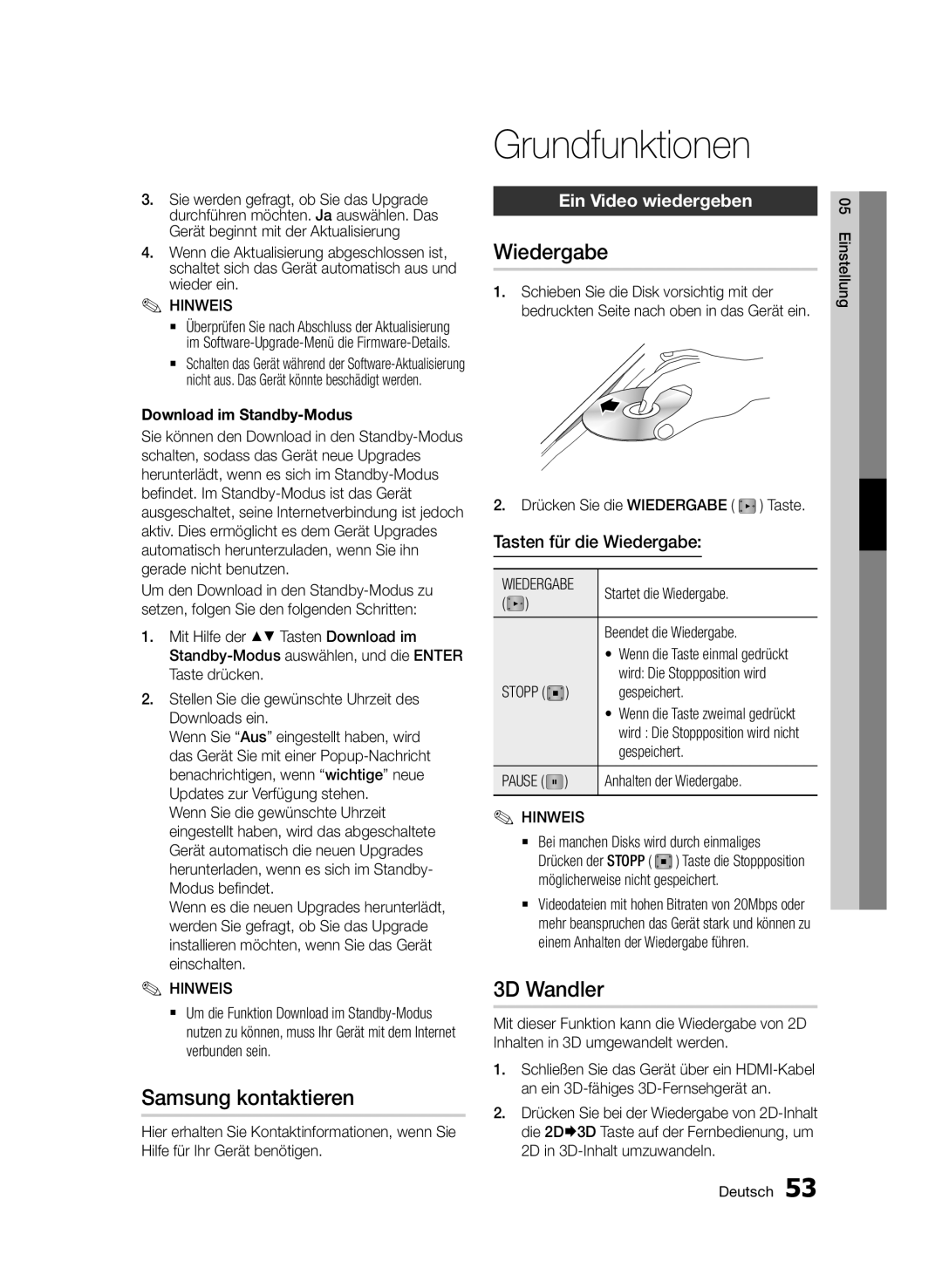 Samsung BD-D8509S/ZG, BD-D8200S/ZG Grundfunktionen, Samsung kontaktieren, Wiedergabe, 3D Wandler, Ein Video wiedergeben 