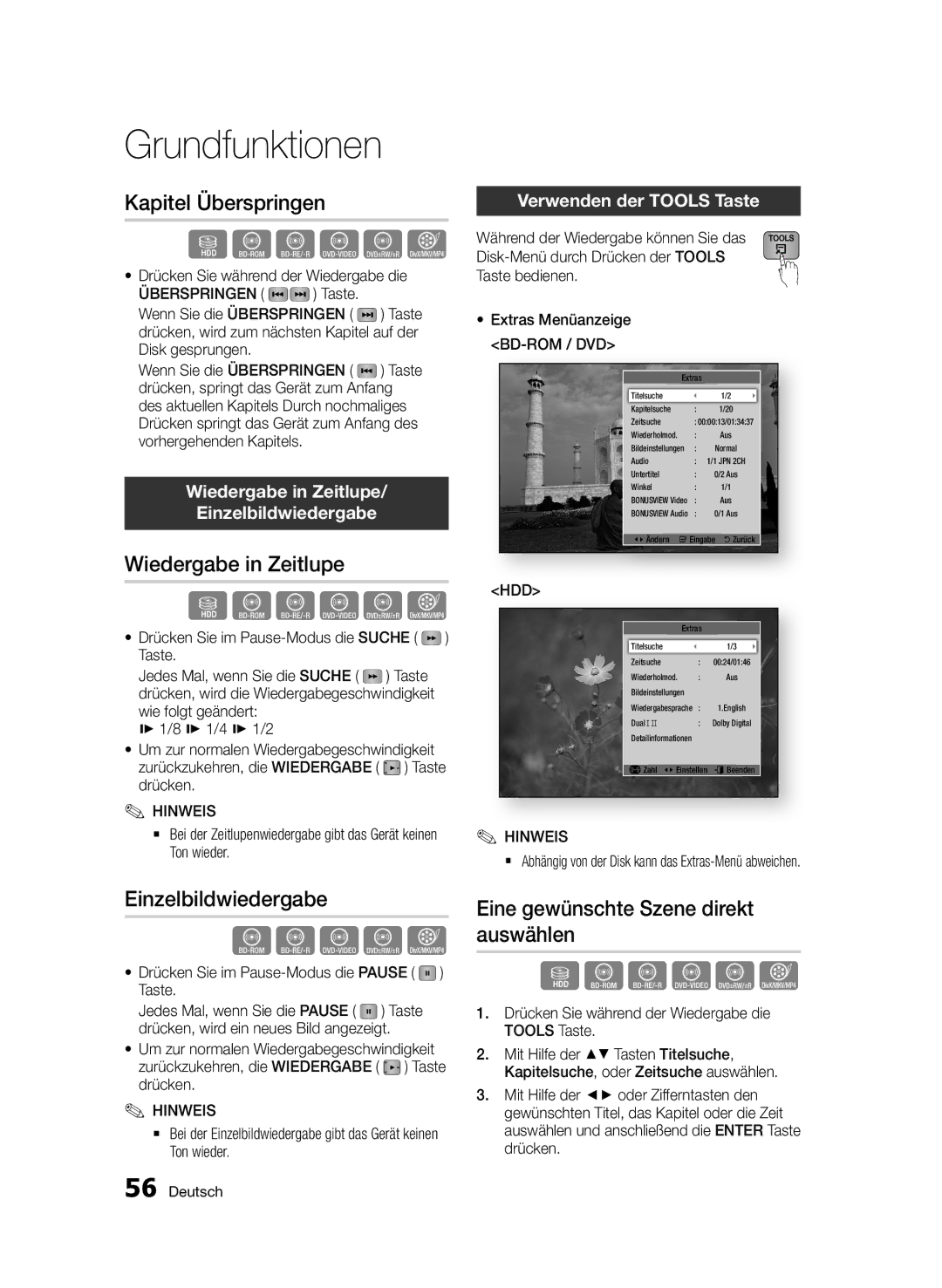 Samsung BD-D8200S/ZG, BD-D8509S/ZG manual Kapitel Überspringen, Wiedergabe in Zeitlupe, Einzelbildwiedergabe 