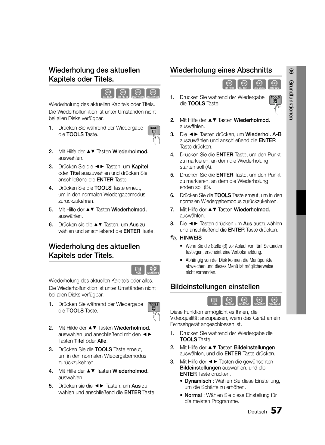 Samsung BD-D8509S/ZG, BD-D8200S/ZG manual Wiederholung des aktuellen Kapitels oder Titels, Wiederholung eines Abschnitts 