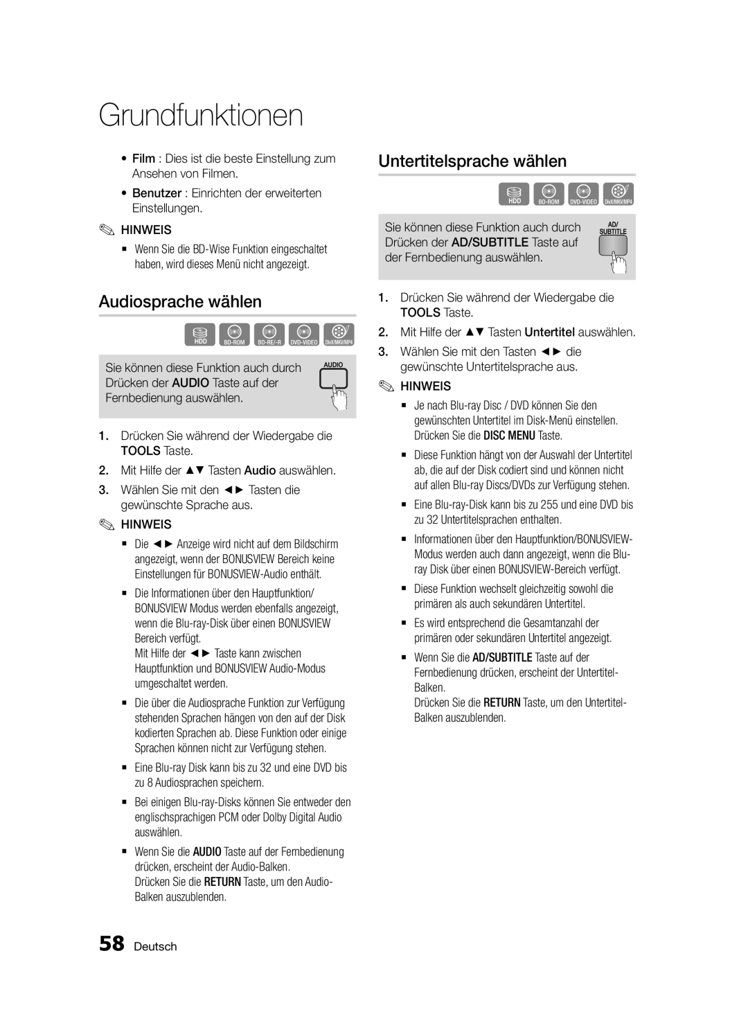 Samsung BD-D8200S/ZG, BD-D8509S/ZG manual Audiosprache wählen, Untertitelsprache wählen 