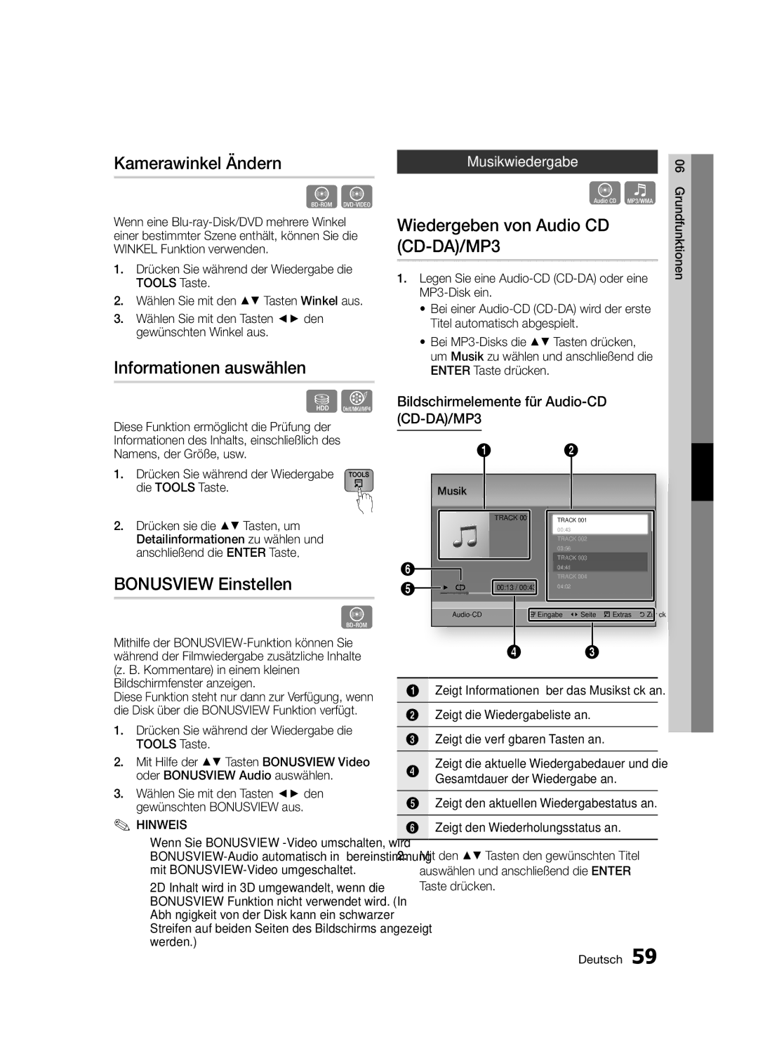 Samsung BD-D8509S/ZG manual Kamerawinkel Ändern, Informationen auswählen, Bonusview Einstellen, Wiedergeben von Audio CD 