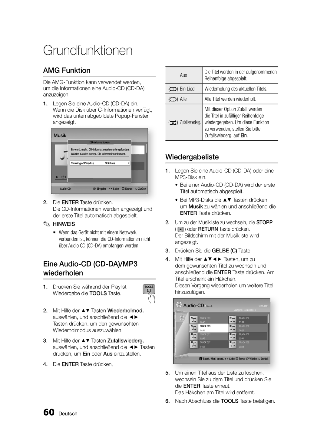 Samsung BD-D8200S/ZG, BD-D8509S/ZG manual AMG Funktion, Eine Audio-CD CD-DA/MP3 wiederholen, Wiedergabeliste 