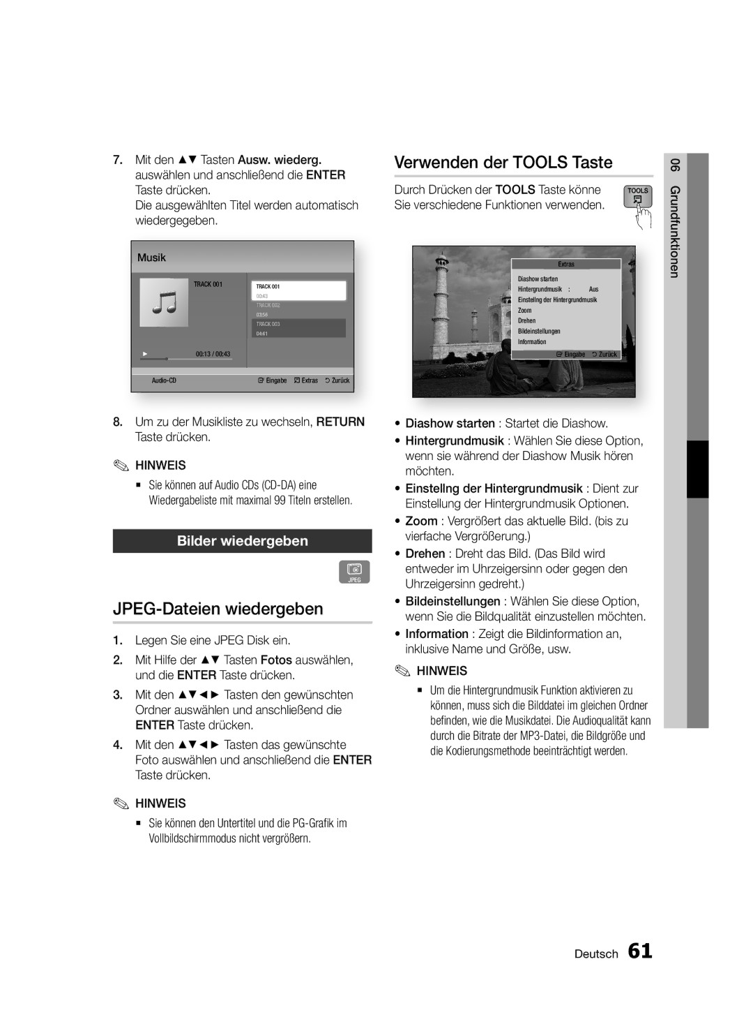 Samsung BD-D8509S/ZG JPEG-Dateien wiedergeben, Verwenden der Tools Taste, Bilder wiedergeben, Legen Sie eine Jpeg Disk ein 