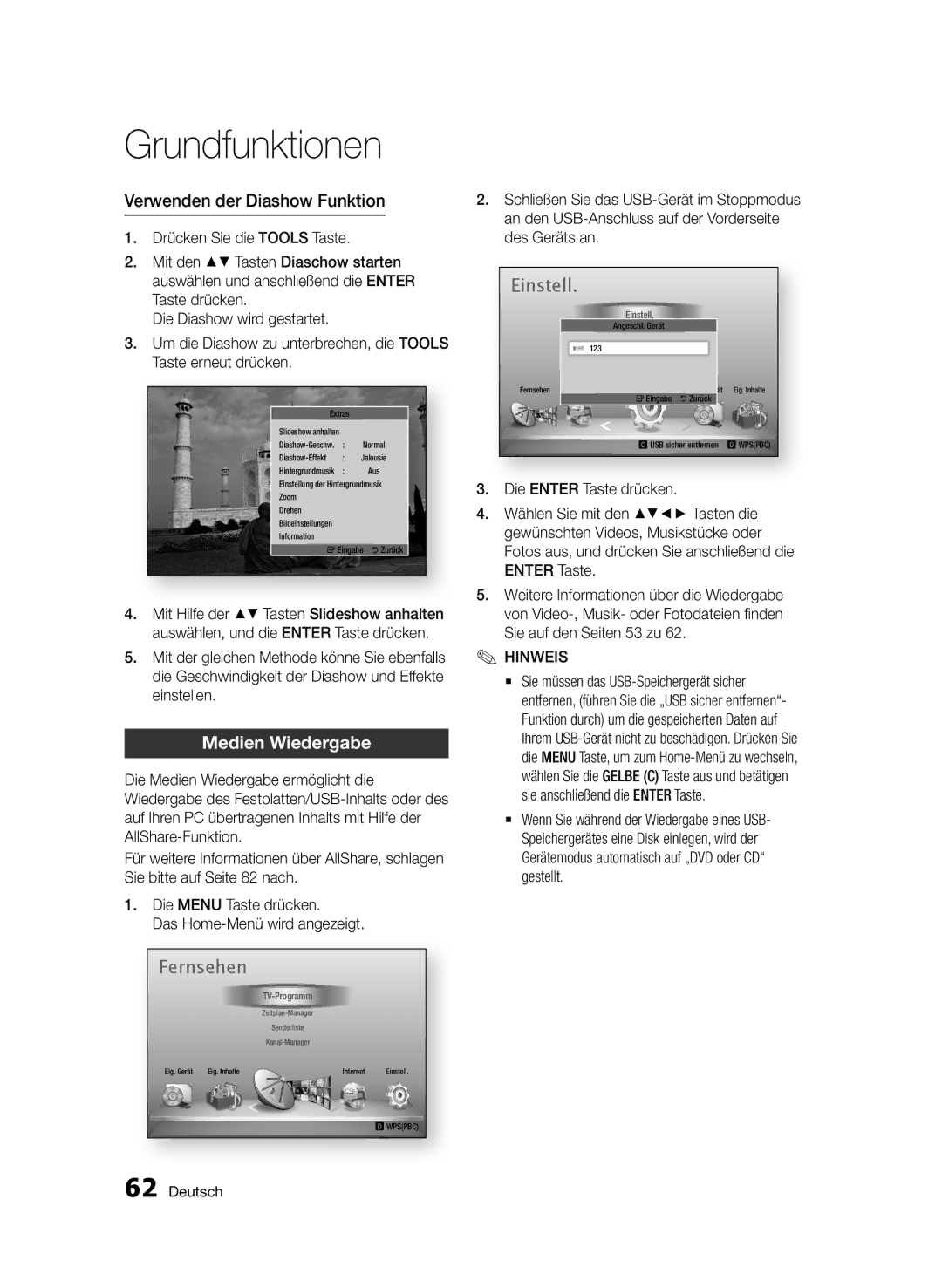 Samsung BD-D8200S/ZG, BD-D8509S/ZG manual Verwenden der Diashow Funktion, Medien Wiedergabe 