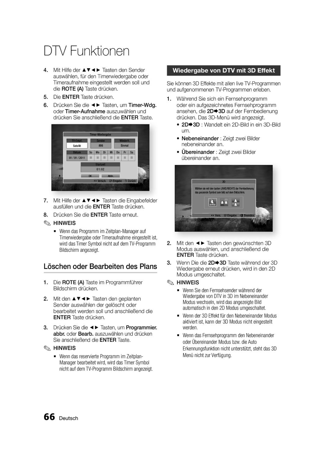 Samsung BD-D8200S/ZG, BD-D8509S/ZG manual Löschen oder Bearbeiten des Plans, Wiedergabe von DTV mit 3D Effekt 