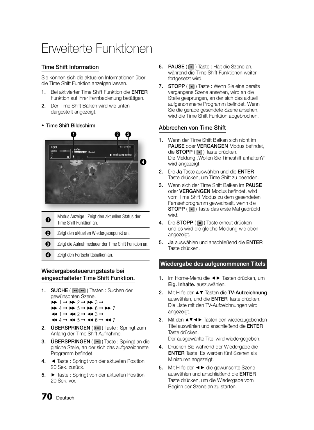 Samsung BD-D8200S/ZG Time Shift Information, Abbrechen von Time Shift, Wiedergabe des aufgenommenen Titels, Pause, Stopp 