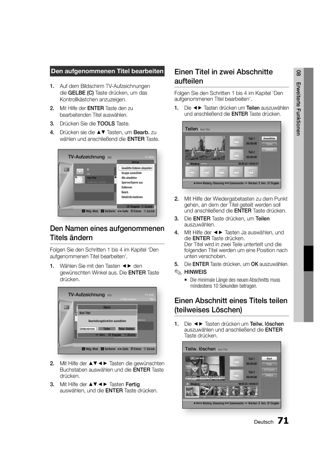 Samsung BD-D8509S/ZG, BD-D8200S/ZG Einen Titel in zwei Abschnitte aufteilen, Den Namen eines aufgenommenen Titels ändern 