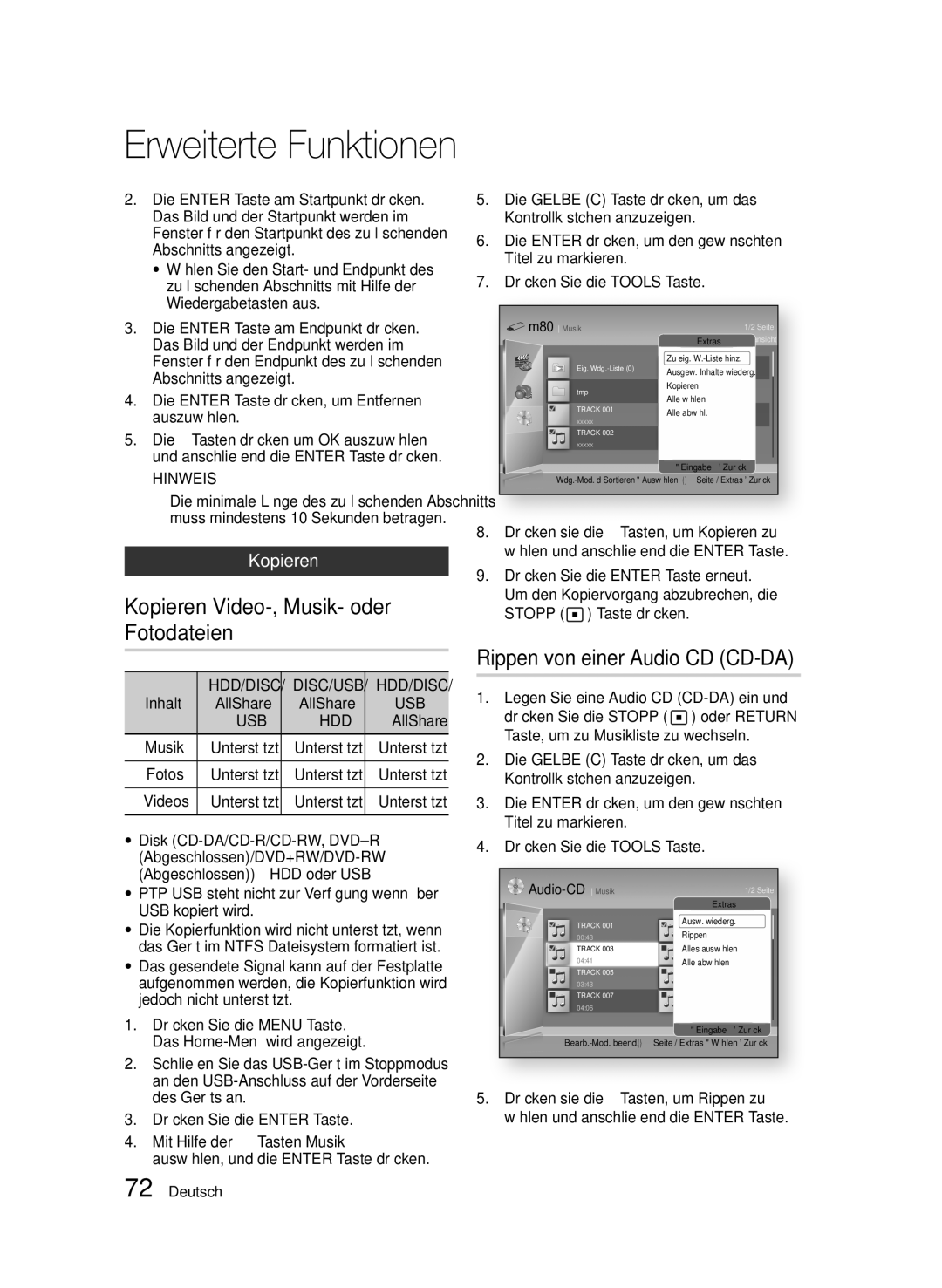 Samsung BD-D8200S/ZG, BD-D8509S/ZG manual Kopieren Video-, Musik- oder Fotodateien, Rippen von einer Audio CD CD-DA, Usb Hdd 