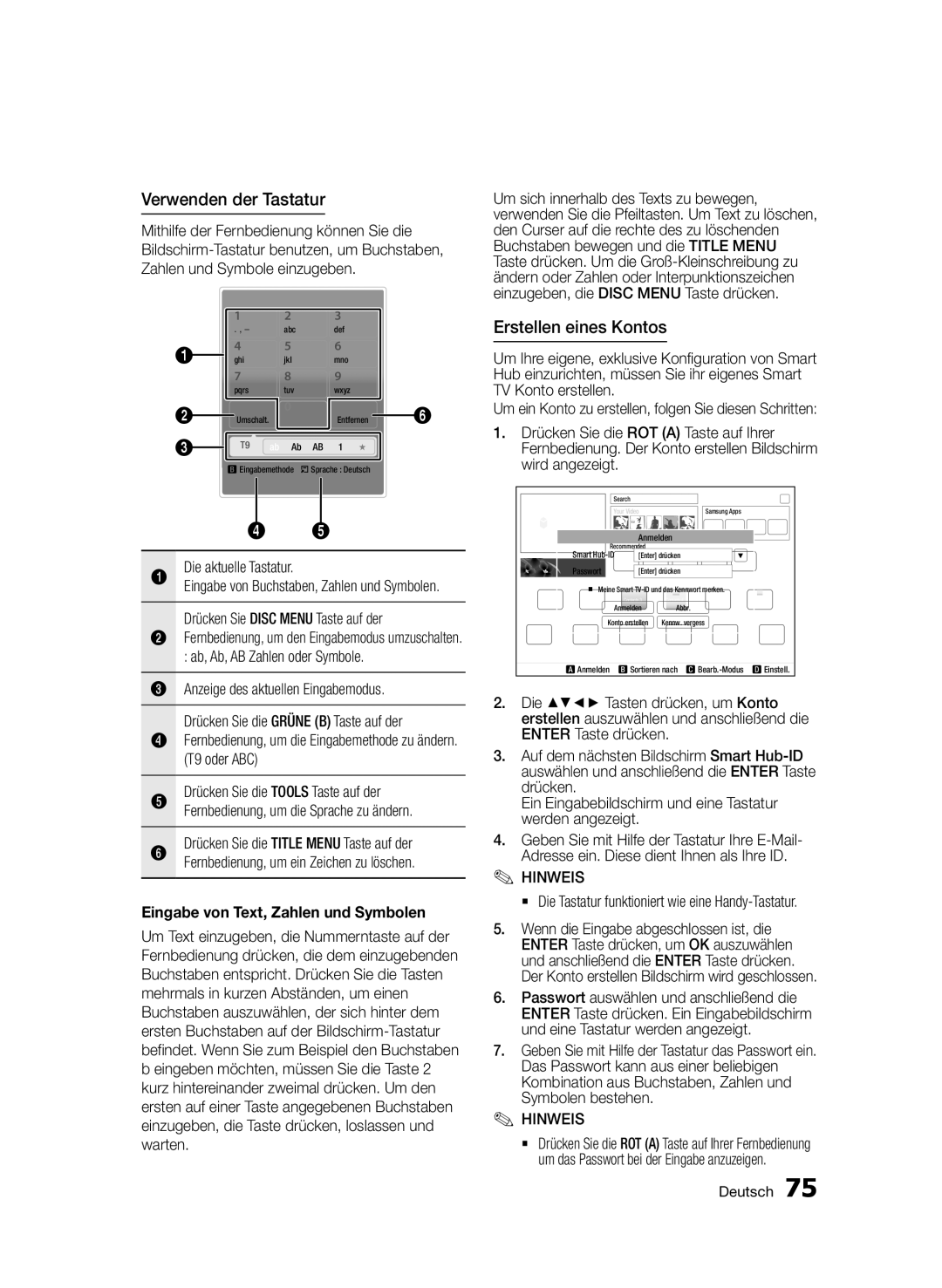 Samsung BD-D8509S/ZG, BD-D8200S/ZG Verwenden der Tastatur, Erstellen eines Kontos, Eingabe von Text, Zahlen und Symbolen 