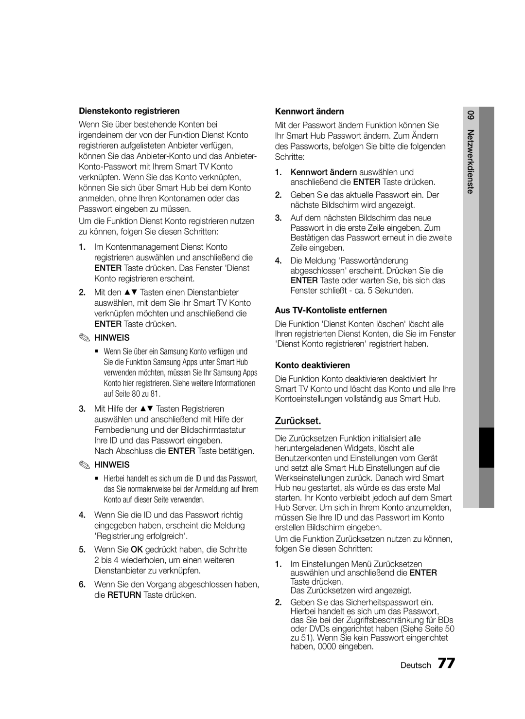 Samsung BD-D8509S/ZG, BD-D8200S/ZG manual Zurückset, Dienstekonto registrieren, Kennwort ändern, Aus TV-Kontoliste entfernen 