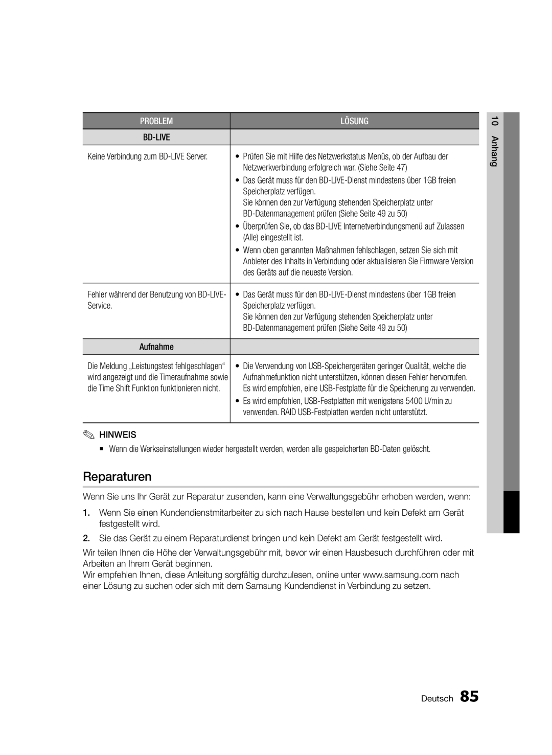 Samsung BD-D8509S/ZG, BD-D8200S/ZG manual Reparaturen 