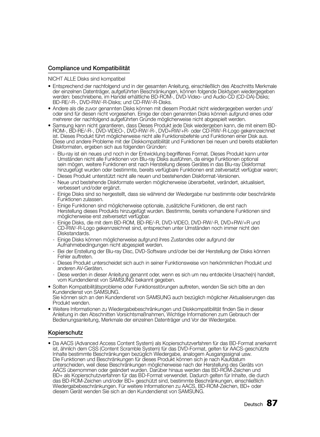 Samsung BD-D8509S/ZG, BD-D8200S/ZG manual Compliance und Kompatibilität, Kopierschutz, Nicht Alle Disks sind kompatibel 