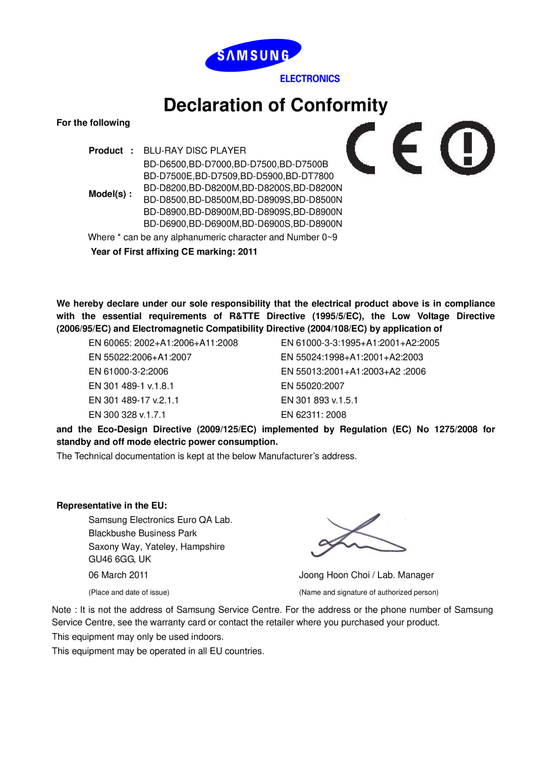 Samsung BD-D8909S/ZG manual Declaration of Conformity, For the following Product Models, Representative in the EU 