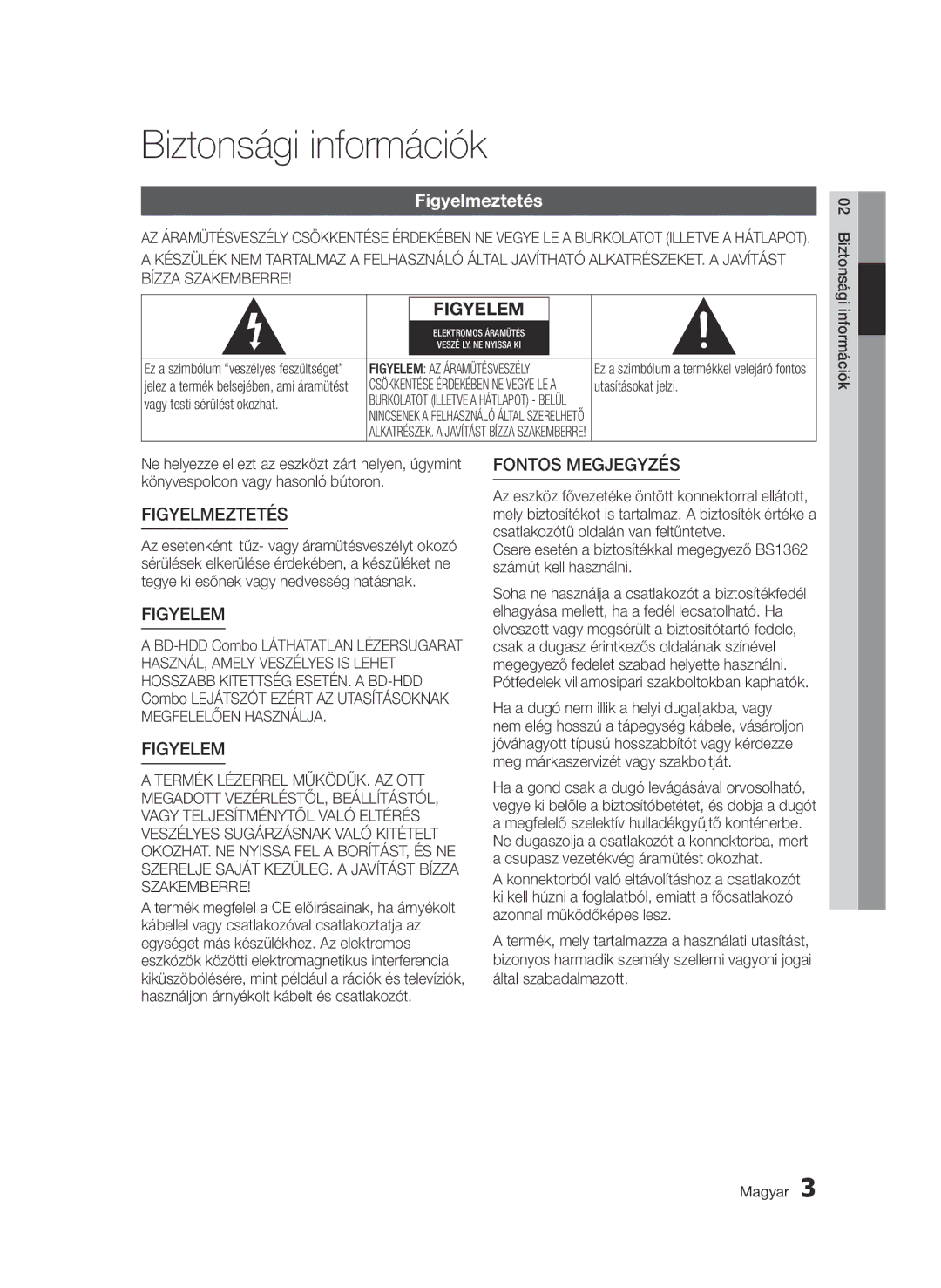 Samsung BD-D8500/EN, BD-D8200/EN, BD-D8200/ZF manual Biztonsági információk, Figyelmeztetés 