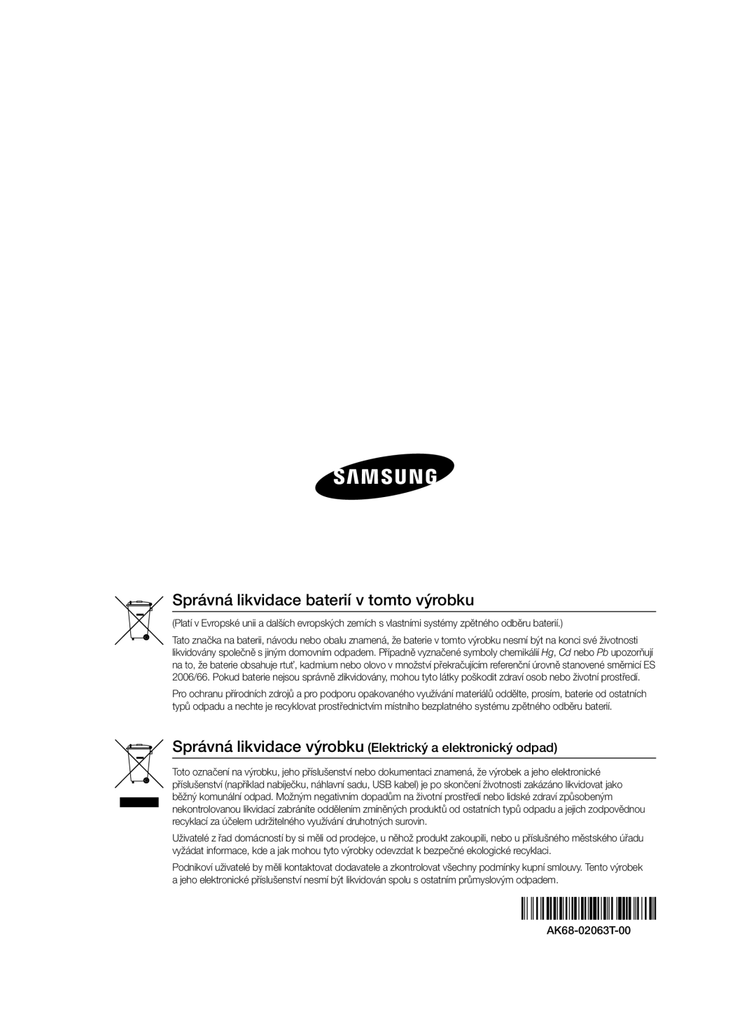 Samsung BD-D8500/ZF Správná likvidace baterií v tomto výrobku, Správná likvidace výrobku Elektrický a elektronický odpad 