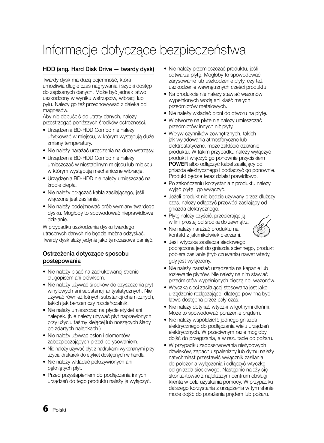 Samsung BD-D8200/ZF, BD-D8500/EN manual HDD ang. Hard Disk Drive twardy dysk, Ostrzeżenia dotyczące sposobu postępowania 