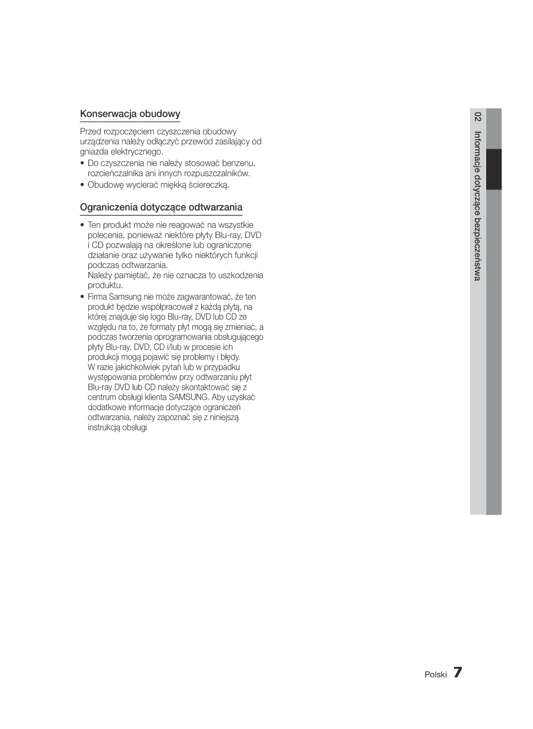 Samsung BD-D8500/ZF manual Konserwacja obudowy, Ograniczenia dotyczące odtwarzania, Obudowę wycierać miękką ściereczką 