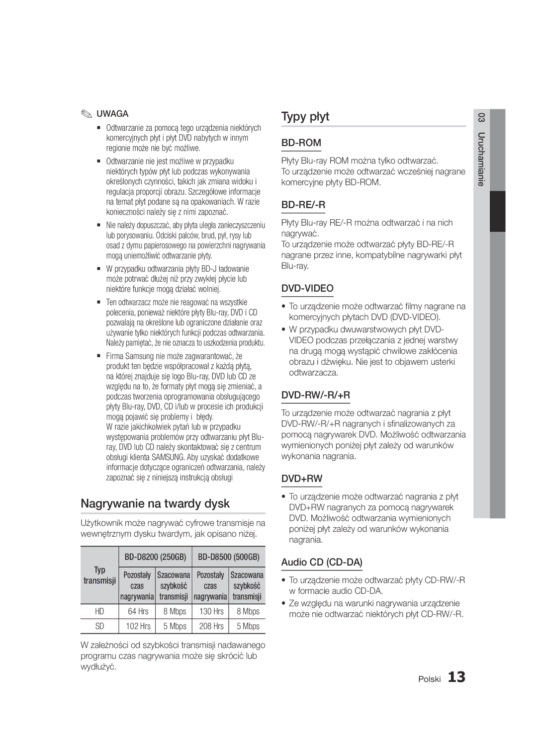 Samsung BD-D8500/ZF, BD-D8500/EN manual Nagrywanie na twardy dysk, Typy płyt, Audio CD CD-DA, Czas, Komercyjne płyty BD-ROM 