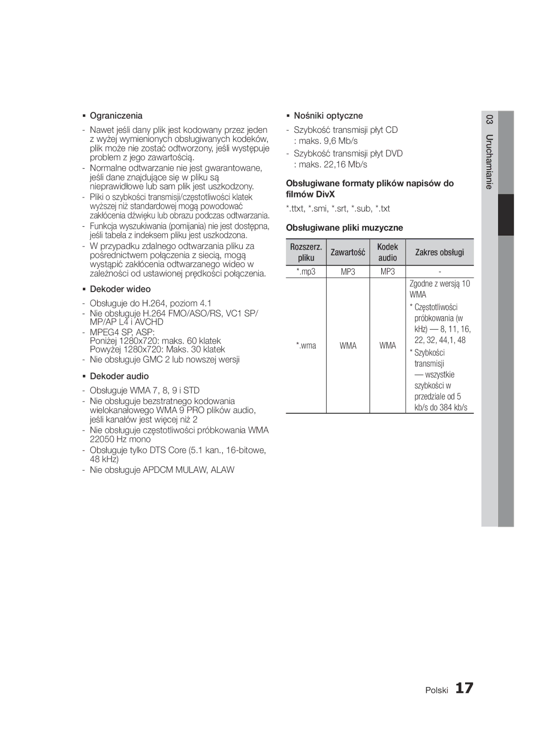 Samsung BD-D8200/XN, BD-D8500/EN manual Obsługiwane formaty plików napisów do filmów DivX, Obsługiwane pliki muzyczne, Wma 