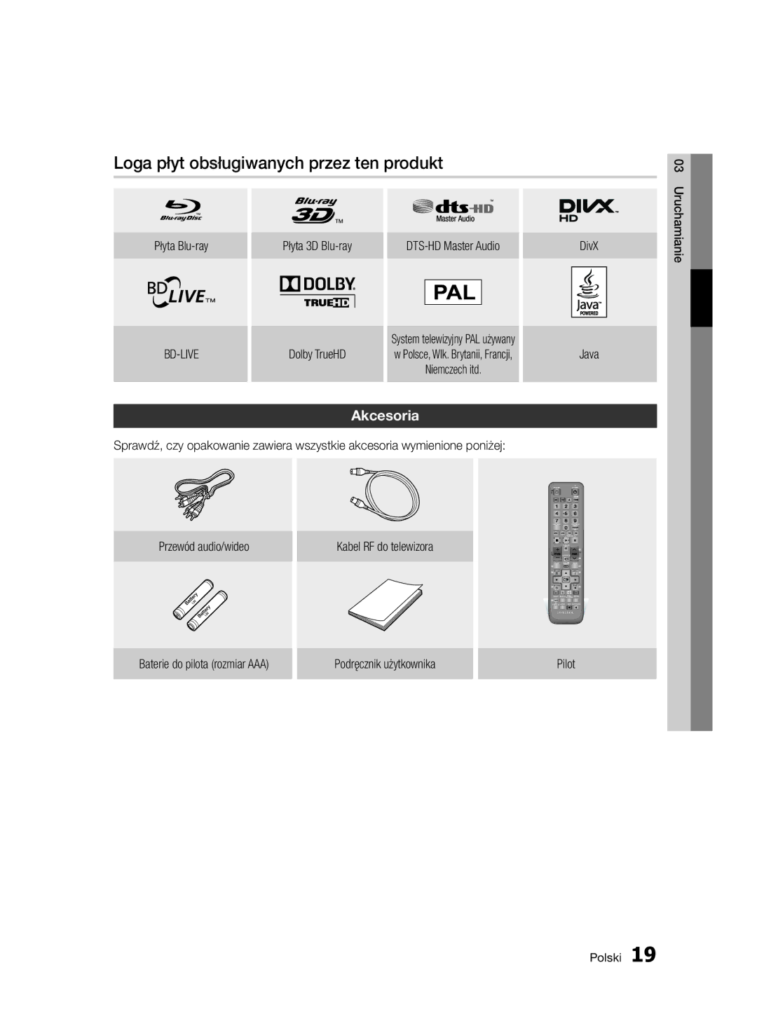 Samsung BD-D8500/ZF, BD-D8500/EN, BD-D8500/XN, BD-D8200/EN, BD-D8200/XN Loga płyt obsługiwanych przez ten produkt, Akcesoria 