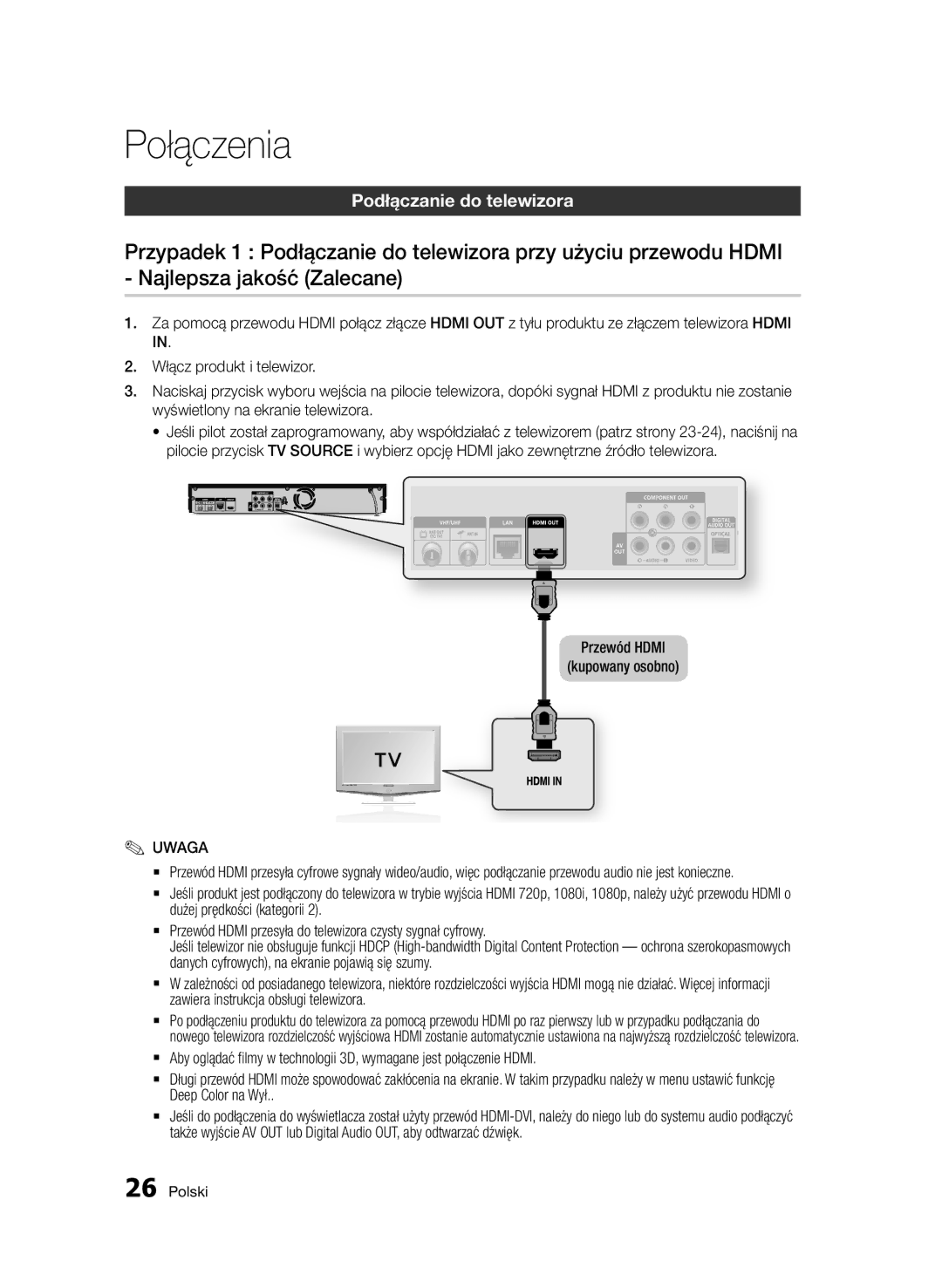 Samsung BD-D8500/EN, BD-D8500/XN, BD-D8200/EN, BD-D8200/XN manual Podłączanie do telewizora, Przewód Hdmi Kupowany osobno 