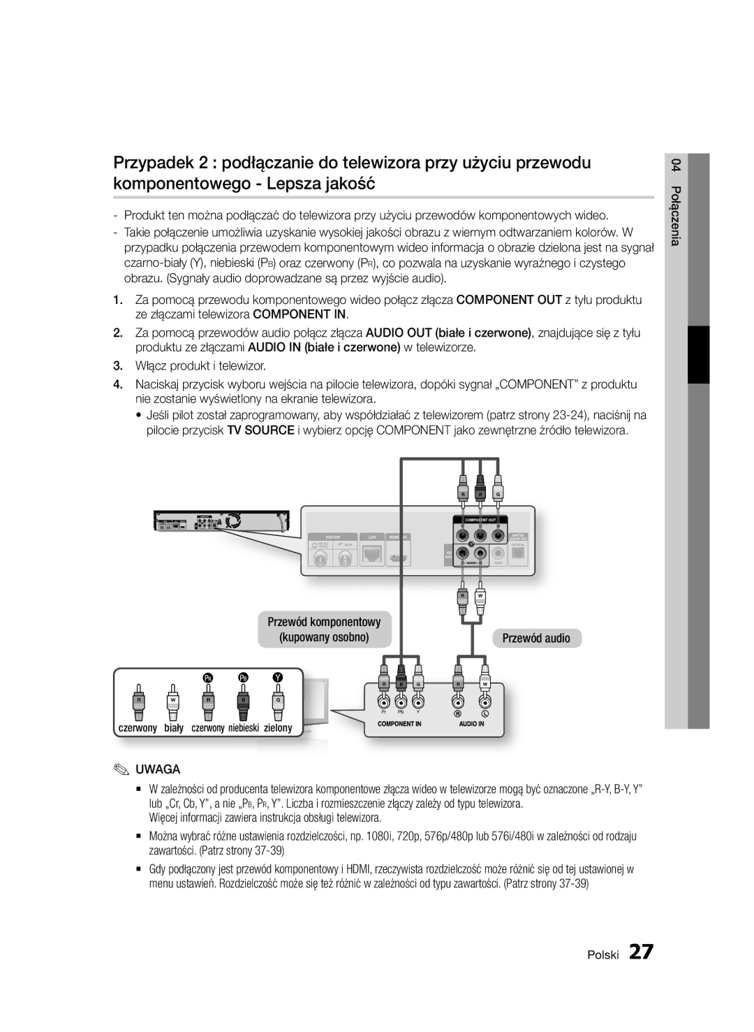 Samsung BD-D8500/XN, BD-D8500/EN, BD-D8200/EN, BD-D8200/XN manual Przewód audio, Czerwony biały czerwony niebi eski zielony 