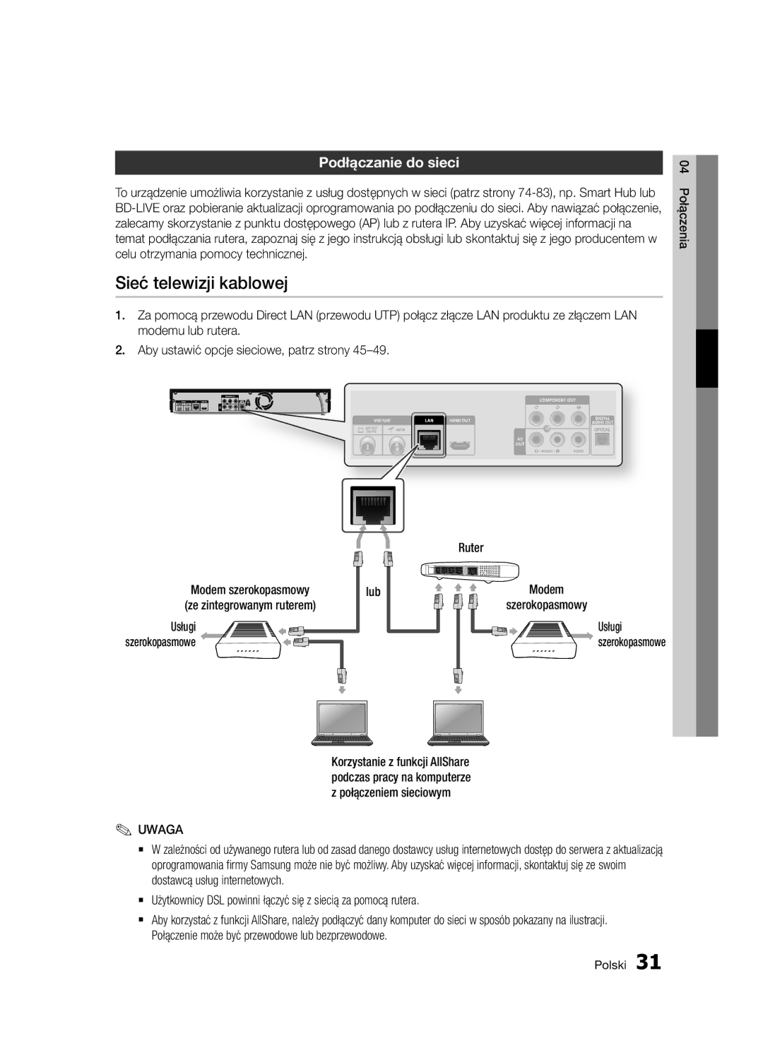 Samsung BD-D8500/ZF, BD-D8500/EN manual Sieć telewizji kablowej, Podłączanie do sieci, Ze zintegrowanym ruterem, Usługi 