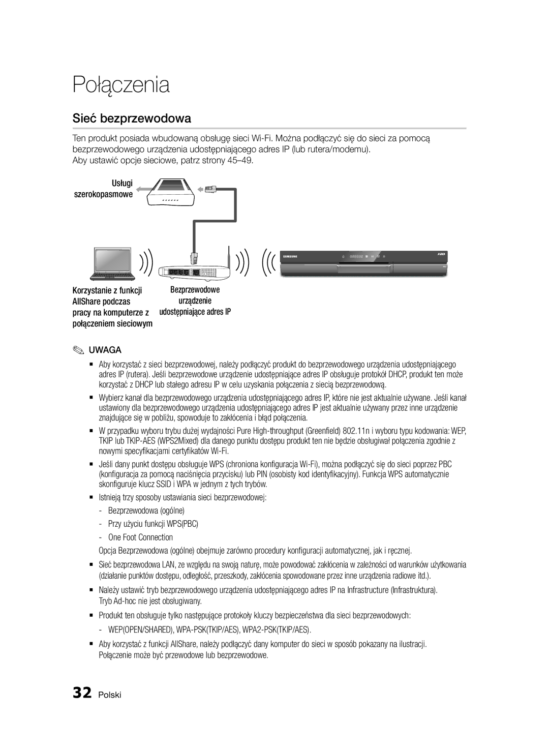 Samsung BD-D8500/EN, BD-D8500/XN, BD-D8200/EN manual Sieć bezprzewodowa, WEPOPEN/SHARED, WPA-PSKTKIP/AES, WPA2-PSKTKIP/AES 