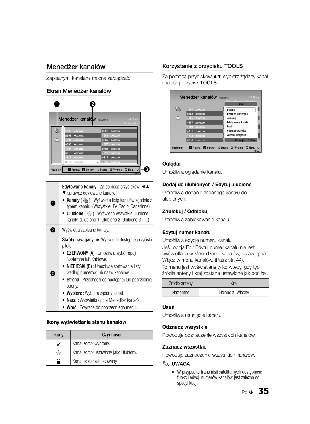 Samsung BD-D8200/XN Ikony wyświetlania stanu kanałów, Dodaj do ulubionych / Edytuj ulubione, Zablokuj / Odblokuj, Usuń 