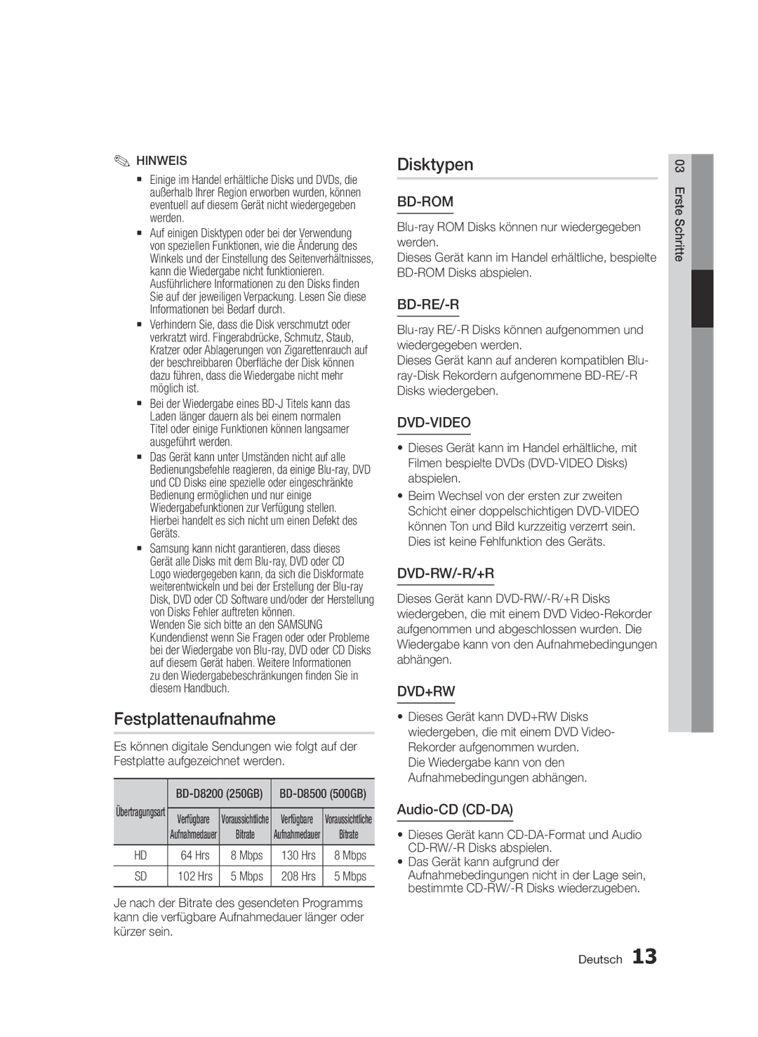 Samsung BD-D8500/XN, BD-D8500/EN, BD-D8200/EN, BD-D8200/XN manual Festplattenaufnahme, Disktypen, Audio-CD CD-DA, Hrs Mbps 