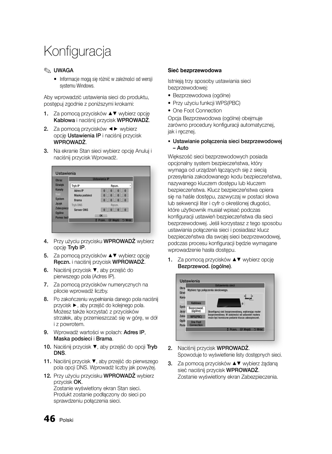 Samsung BD-D8200/EN, BD-D8500/EN, BD-D8500/XN, BD-D8200/XN, BD-D8200/ZF, BD-D8500/ZF manual Dns, Sieć bezprzewodowa 