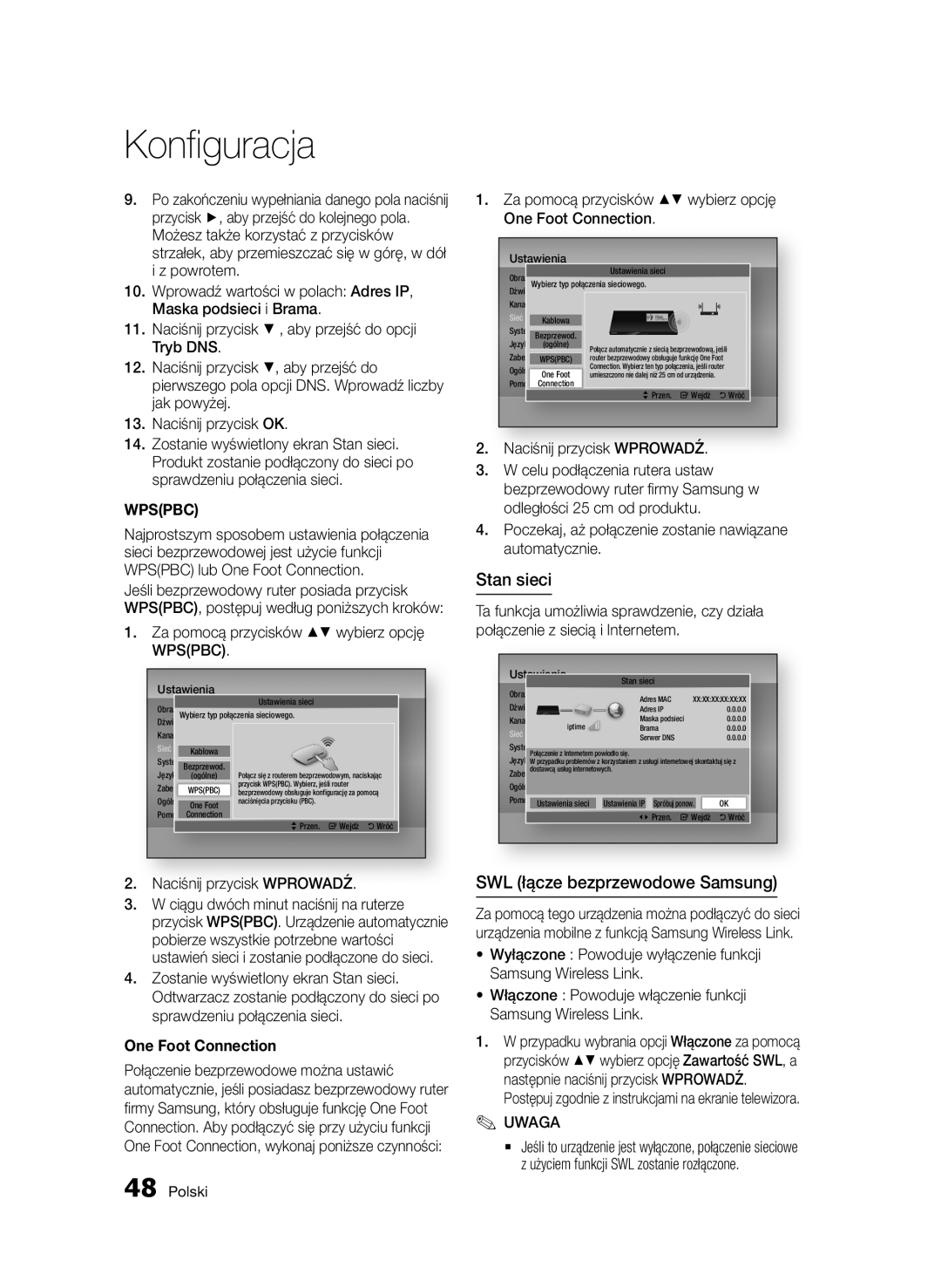 Samsung BD-D8200/ZF, BD-D8500/EN, BD-D8500/XN, BD-D8200/EN, BD-D8200/XN manual Stan sieci, SWL łącze bezprzewodowe Samsung 