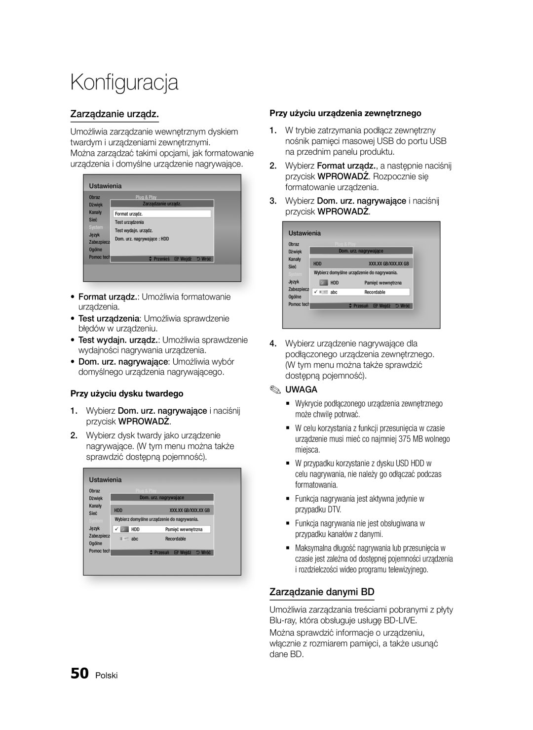 Samsung BD-D8500/EN, BD-D8500/XN, BD-D8200/EN manual Zarządzanie urządz, Zarządzanie danymi BD, Przy użyciu dysku twardego 